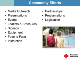 Community Efforts

•   Media Outreach         • Partnerships
•   Presentations          • Proclamations
•   Events                 • Legislation
•   Leaflets & Brochures
•   Signage
•   Equipment
•   Face to Face
•   Instruction
 