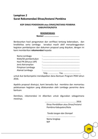29
Lampiran 2
Surat Rekomendasi Dinas/Instansi Pembina
KOP DINAS PENDIDIKAN atau DINAS/INSTANSI PEMBINA
KABUPATEN/KOTA
REKOMENDASI
Nomor: .......................
Berdasarkan hasil pengamatan dan verifikasi tentang keberadaan, dan
kredibilitas serta Lembaga tersebut masih aktif menyelenggarakan
kegiatan pembelajaran dan dokumen proposal yang diajukan, dengan ini
kami memberikan rekomendasi kepada:
Nama Lembaga : ..............................................................
Nilek/SK pembentukan : …………………………………………………………..
Hasil PK (khusus LKP) : …………………………………………………………..
Jenis Ketrampilan : …………………………………………………………..
Pimpinan Lembaga : ..............................................................
Alamat Lembaga : ..............................................................
Telp. ................. Fax. .............................
untuk ikut berkompetisi mendapatkan dana Bantuan Program PKW tahun
2016.
Apabila proposal disetujui, kami bersedia ikut membina dan memantau
pelaksanaan kegiatan yang dilaksanakan oleh Lembaga penerima dana
bantuan.
Demikian, rekomendasi ini diberikan untuk digunakan sebagaimana
mestinya.
....................... , ........................... 2016
Dinas Pendidikan atau Dinas/Instansi
Pembina Kabupaten/Kota
Tanda tangan dan Stempel
.................................................
Nama lengkap
NIP
 