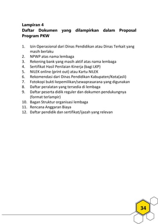 34
Lampiran 4
Daftar Dokumen yang dilampirkan dalam Proposal
Program PKW
1. Izin Operasional dari Dinas Pendidikan atau Dinas Terkait yang
masih berlaku
2. NPWP atas nama lembaga
3. Rekening bank yang masih aktif atas nama lembaga
4. Sertifikat Hasil Penilaian Kinerja (bagi LKP)
5. NILEK online (print out) atau Kartu NILEK
6. Rekomendasi dari Dinas Pendidikan Kabupaten/Kota(asli)
7. Fotokopi bukti kepemilikan/sewaprasarana yang digunakan
8. Daftar peralatan yang tersedia di lembaga
9. Daftar peserta didik reguler dan dokumen pendukungnya
(format terlampir)
10. Bagan Struktur organisasi lembaga
11. Rencana Anggaran Biaya
12. Daftar pendidik dan sertifikat/ijazah yang relevan
 