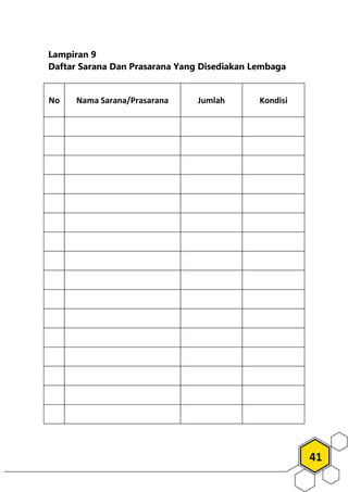 41
Lampiran 9
Daftar Sarana Dan Prasarana Yang Disediakan Lembaga
No Nama Sarana/Prasarana Jumlah Kondisi
 