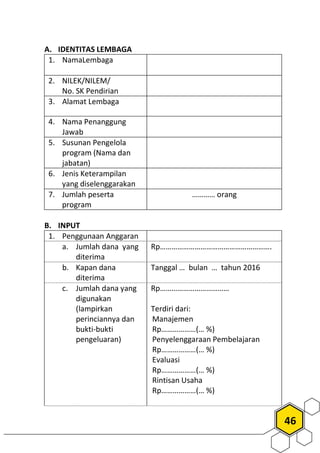46
A. IDENTITAS LEMBAGA
1. NamaLembaga
2. NILEK/NILEM/
No. SK Pendirian
3. Alamat Lembaga
4. Nama Penanggung
Jawab
5. Susunan Pengelola
program (Nama dan
jabatan)
6. Jenis Keterampilan
yang diselenggarakan
7. Jumlah peserta
program
………… orang
B. INPUT
1. Penggunaan Anggaran
a. Jumlah dana yang
diterima
Rp………………………………………………….
b. Kapan dana
diterima
Tanggal … bulan … tahun 2016
c. Jumlah dana yang
digunakan
(lampirkan
perinciannya dan
bukti-bukti
pengeluaran)
Rp………………………………
Terdiri dari:
Manajemen
Rp………………(… %)
Penyelenggaraan Pembelajaran
Rp………………(… %)
Evaluasi
Rp………………(… %)
Rintisan Usaha
Rp………………(… %)
 