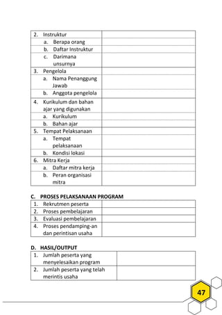 47
2. Instruktur
a. Berapa orang
b. Daftar Instruktur
c. Darimana
unsurnya
3. Pengelola
a. Nama Penanggung
Jawab
b. Anggota pengelola
4. Kurikulum dan bahan
ajar yang digunakan
a. Kurikulum
b. Bahan ajar
5. Tempat Pelaksanaan
a. Tempat
pelaksanaan
b. Kondisi lokasi
6. Mitra Kerja
a. Daftar mitra kerja
b. Peran organisasi
mitra
C. PROSES PELAKSANAAN PROGRAM
1. Rekrutmen peserta
2. Proses pembelajaran
3. Evaluasi pembelajaran
4. Proses pendamping-an
dan perintisan usaha
D. HASIL/OUTPUT
1. Jumlah peserta yang
menyelesaikan program
2. Jumlah peserta yang telah
merintis usaha
 