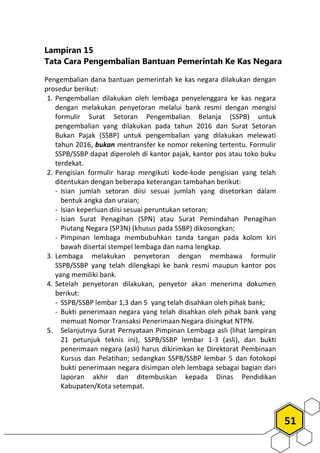 51
Lampiran 15
Tata Cara Pengembalian Bantuan Pemerintah Ke Kas Negara
Pengembalian dana bantuan pemerintah ke kas negara dilakukan dengan
prosedur berikut:
1. Pengembalian dilakukan oleh lembaga penyelenggara ke kas negara
dengan melakukan penyetoran melalui bank resmi dengan mengisi
formulir Surat Setoran Pengembalian Belanja (SSPB) untuk
pengembalian yang dilakukan pada tahun 2016 dan Surat Setoran
Bukan Pajak (SSBP) untuk pengembalian yang dilakukan melewati
tahun 2016, bukan mentransfer ke nomor rekening tertentu. Formulir
SSPB/SSBP dapat diperoleh di kantor pajak, kantor pos atau toko buku
terdekat.
2. Pengisian formulir harap mengikuti kode-kode pengisian yang telah
ditentukan dengan beberapa keterangan tambahan berikut:
- Isian jumlah setoran diisi sesuai jumlah yang disetorkan dalam
bentuk angka dan uraian;
- Isian keperluan diisi sesuai peruntukan setoran;
- Isian Surat Penagihan (SPN) atau Surat Pemindahan Penagihan
Piutang Negara (SP3N) (khusus pada SSBP) dikosongkan;
- Pimpinan lembaga membubuhkan tanda tangan pada kolom kiri
bawah disertai stempel lembaga dan nama lengkap.
3. Lembaga melakukan penyetoran dengan membawa formulir
SSPB/SSBP yang telah dilengkapi ke bank resmi maupun kantor pos
yang memiliki bank.
4. Setelah penyetoran dilakukan, penyetor akan menerima dokumen
berikut:
- SSPB/SSBP lembar 1,3 dan 5 yang telah disahkan oleh pihak bank;
- Bukti penerimaan negara yang telah disahkan oleh pihak bank yang
memuat Nomor Transaksi Penerimaan Negara disingkat NTPN.
5. Selanjutnya Surat Pernyataan Pimpinan Lembaga asli (lihat lampiran
21 petunjuk teknis ini), SSPB/SSBP lembar 1-3 (asli), dan bukti
penerimaan negara (asli) harus dikirimkan ke Direktorat Pembinaan
Kursus dan Pelatihan; sedangkan SSPB/SSBP lembar 5 dan fotokopi
bukti penerimaan negara disimpan oleh lembaga sebagai bagian dari
laporan akhir dan ditembuskan kepada Dinas Pendidikan
Kabupaten/Kota setempat.
 