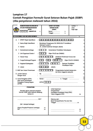 53
Lampiran 17
Contoh Pengisian Formulir Surat Setoran Bukan Pajak (SSBP)
(Jika penyetoran melewati tahun 2016)
 