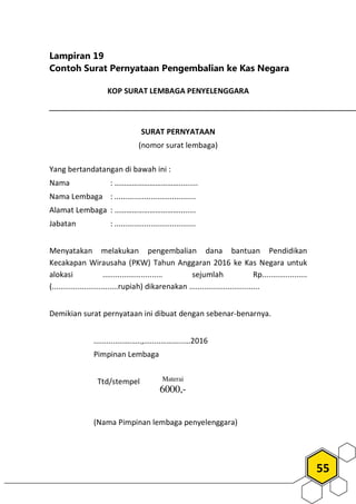 55
Lampiran 19
Contoh Surat Pernyataan Pengembalian ke Kas Negara
KOP SURAT LEMBAGA PENYELENGGARA
SURAT PERNYATAAN
(nomor surat lembaga)
Yang bertandatangan di bawah ini :
Nama : …………………………….........
Nama Lembaga : ......................................
Alamat Lembaga : ……………………………........
Jabatan : ......................................
Menyatakan melakukan pengembalian dana bantuan Pendidikan
Kecakapan Wirausaha (PKW) Tahun Anggaran 2016 ke Kas Negara untuk
alokasi ............................ sejumlah Rp.....................
(...............................rupiah) dikarenakan .................................
Demikian surat pernyataan ini dibuat dengan sebenar-benarnya.
..............….…..,........………...…2016
Pimpinan Lembaga
Ttd/stempel
(Nama Pimpinan lembaga penyelenggara)
Materai
6000,-
 