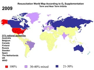 Resuscitation World Map According to O2 Supplementation
Term and Near Term Infants
100% 30-40% mixed 21-30%
2009
21% national guidelines
Australia
Belgium
Canada
Finland
Russia
Sweden
Spain
The Netherlands
UK
WHO
 