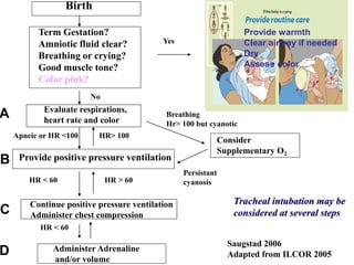 Birth
Term Gestation?
Amniotic fluid clear?
Breathing or crying?
Good muscle tone?
Color pink?
Evaluate respirations,
heart rate and color
Provide positive pressure ventilation
Continue positive pressure ventilation
Administer chest compression
Administer Adrenaline
and/or volume
Consider
Supplementary O2
Tracheal intubation may be
considered at several steps
Breathing
Hr> 100 but cyanotic
Apneic or HR <100
Persistant
cyanosis
HR < 60 HR > 60
HR < 60
Saugstad 2006
Adapted from ILCOR 2005
Yes
No
HR> 100
A
B
C
D
Provide warmth
Clear airway if needed
Dry
Assess color
 
