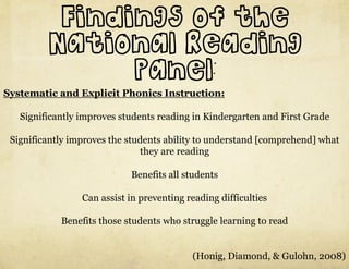 Findings of the
         National Reading
               Panel:
Systematic and Explicit Phonics Instruction:

   Significantly improves students reading in Kindergarten and First Grade

 Significantly improves the students ability to understand [comprehend] what
                                they are reading

                            Benefits all students

                 Can assist in preventing reading difficulties

            Benefits those students who struggle learning to read


                                           (Honig, Diamond, & Gulohn, 2008)
 