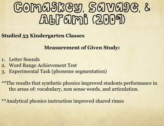 Comaskey, Savage, &
        Abrami (2009)
Studied 53 Kindergarten Classes

                  Measurement of Given Study:

1.  Letter Sounds
2.  Word Range Achievement Test
3.  Experimental Task (phoneme segmentation)

**The results that synthetic phonics improved students performance in
   the areas of: vocabulary, non sense words, and articulation.

**Analytical phonics instruction improved shared rimes
 
