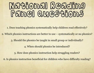 National Reading
      Panel Questions
    1. Does teaching phonics systematically help children read effectively?

2. Which phonics instructions are better to use – systematically or no phonics?

       3. Should the phonics be taught in small group or individually?

                   4. When should phonics be introduced?

          5. How does phonics instruction help struggling readers?

 6. Is phonics instruction beneficial for children who have difficulty reading?
 