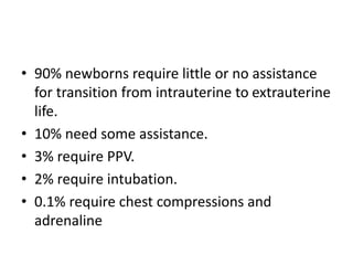 • 90% newborns require little or no assistance
for transition from intrauterine to extrauterine
life.
• 10% need some assistance.
• 3% require PPV.
• 2% require intubation.
• 0.1% require chest compressions and
adrenaline
