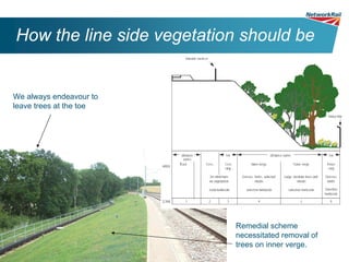 How the line side vegetation should be


We always endeavour to
leave trees at the toe




                           Remedial scheme
                           necessitated removal of
                           trees on inner verge.
 
