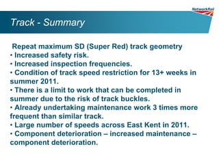 Track - Summary

 Repeat maximum SD (Super Red) track geometry
• Increased safety risk.
• Increased inspection frequencies.
• Condition of track speed restriction for 13+ weeks in
summer 2011.
• There is a limit to work that can be completed in
summer due to the risk of track buckles.
• Already undertaking maintenance work 3 times more
frequent than similar track.
• Large number of speeds across East Kent in 2011.
• Component deterioration – increased maintenance –
component deterioration.
 