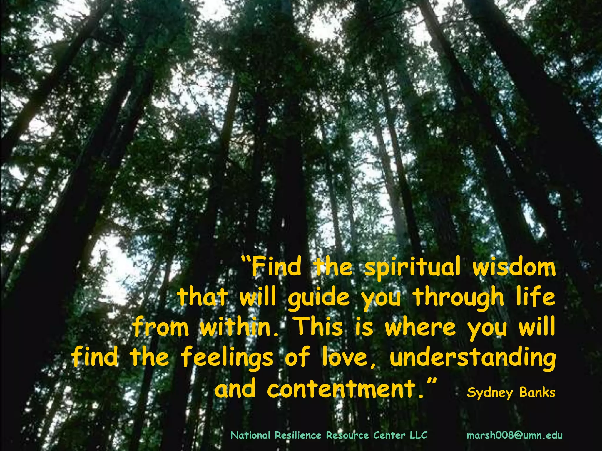 “Find the spiritual wisdom
that will guide you through life
from within. This is where you will
find the feelings of love, understanding
and contentment.” Sydney Banks
National Resilience Resource Center LLC marsh008@umn.edu
 