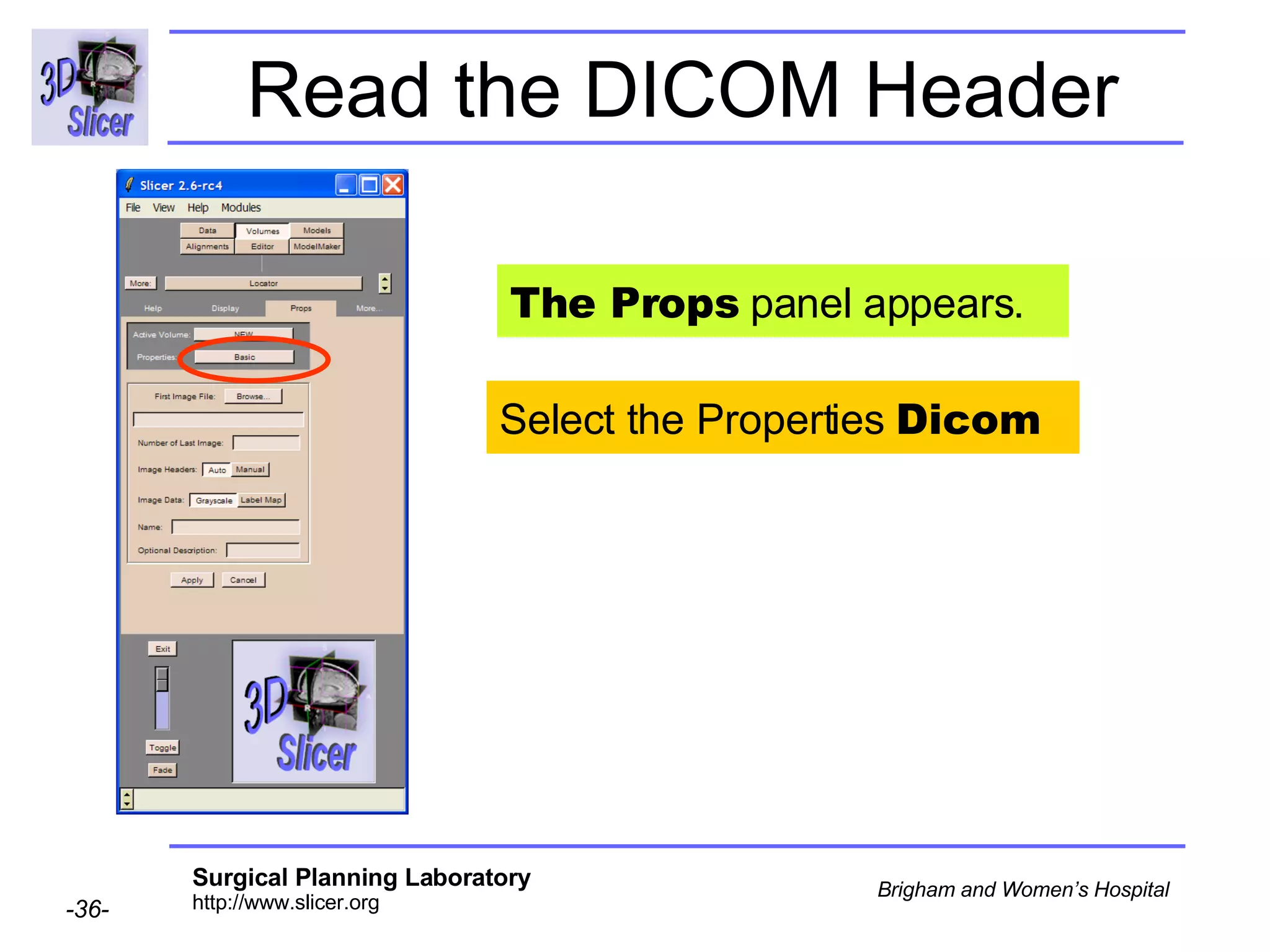 Read the DICOM Header Select the Properties  Dicom The Props  panel appears. 