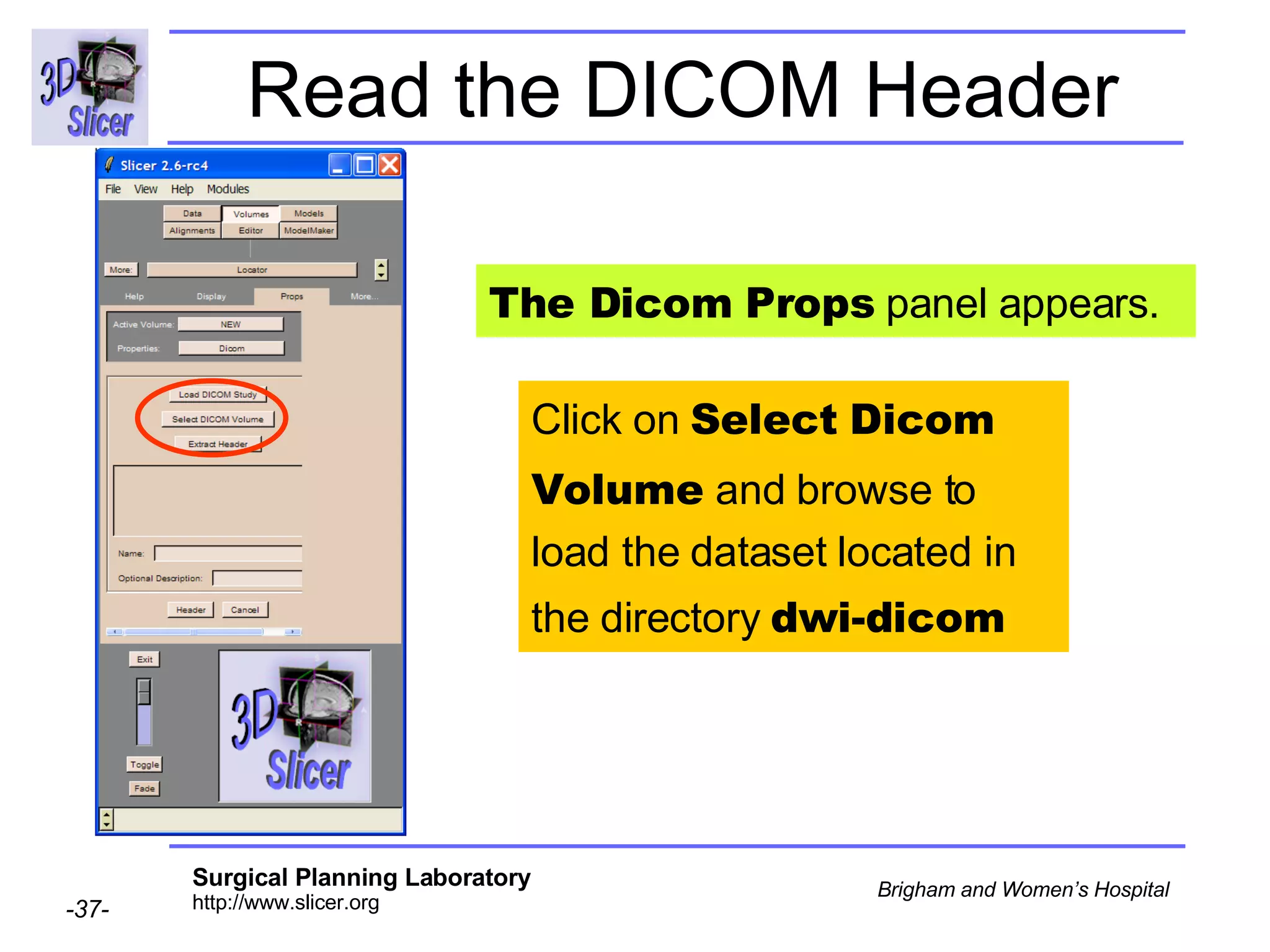 Read the DICOM Header Click on  Select Dicom Volume  and browse to load the dataset located in the directory  dwi-dicom The Dicom Props  panel appears. 