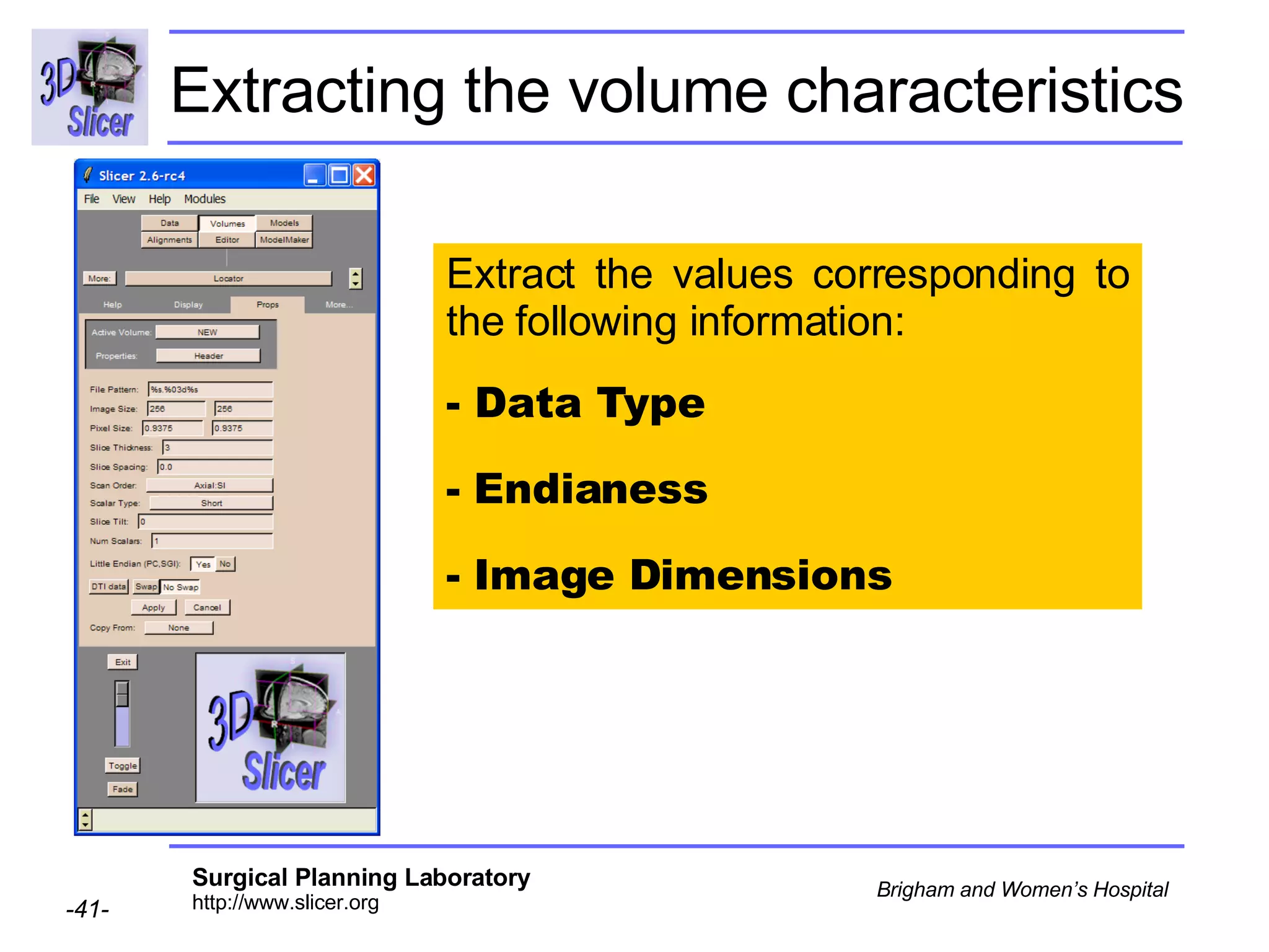 Extracting the volume characteristics Extract the values corresponding to the following information:  - Data Type Endianess Image Dimensions 