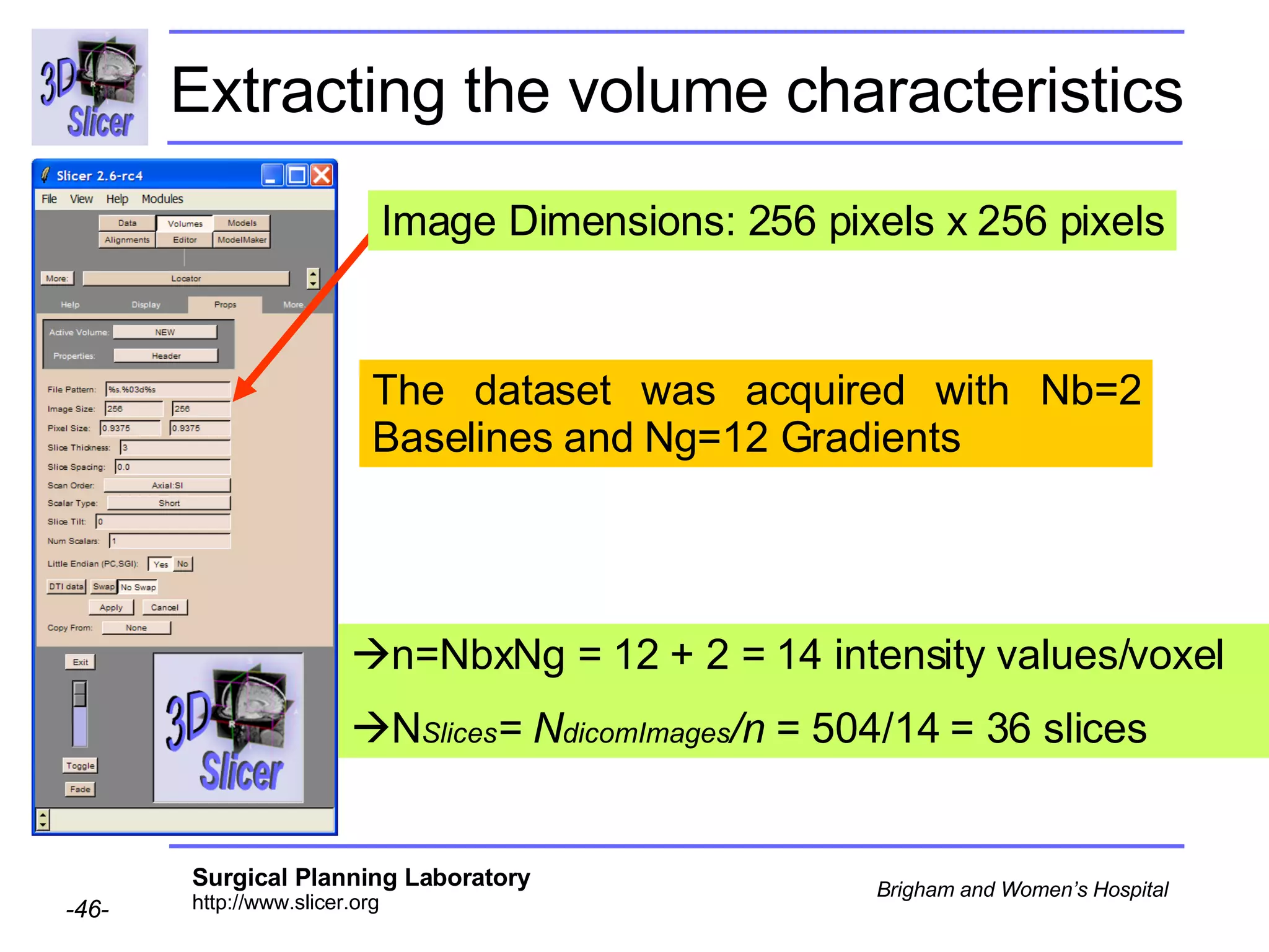 Extracting the volume characteristics The dataset was acquired with Nb=2 Baselines and Ng=12 Gradients  n=NbxNg = 12 + 2 = 14 intensity values/voxel N Slices = N dicomImages /n  = 504/14 = 36 slices Image Dimensions: 256 pixels x 256 pixels 