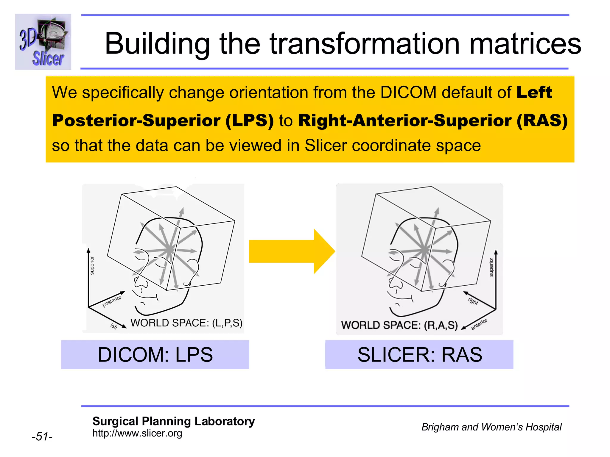 Building the transformation matrices We specifically change orientation from the DICOM default of  Left Posterior-Superior   (LPS)  to  Right-Anterior-Superior   (RAS) so that the data can be viewed in Slicer coordinate space DICOM: LPS SLICER: RAS 