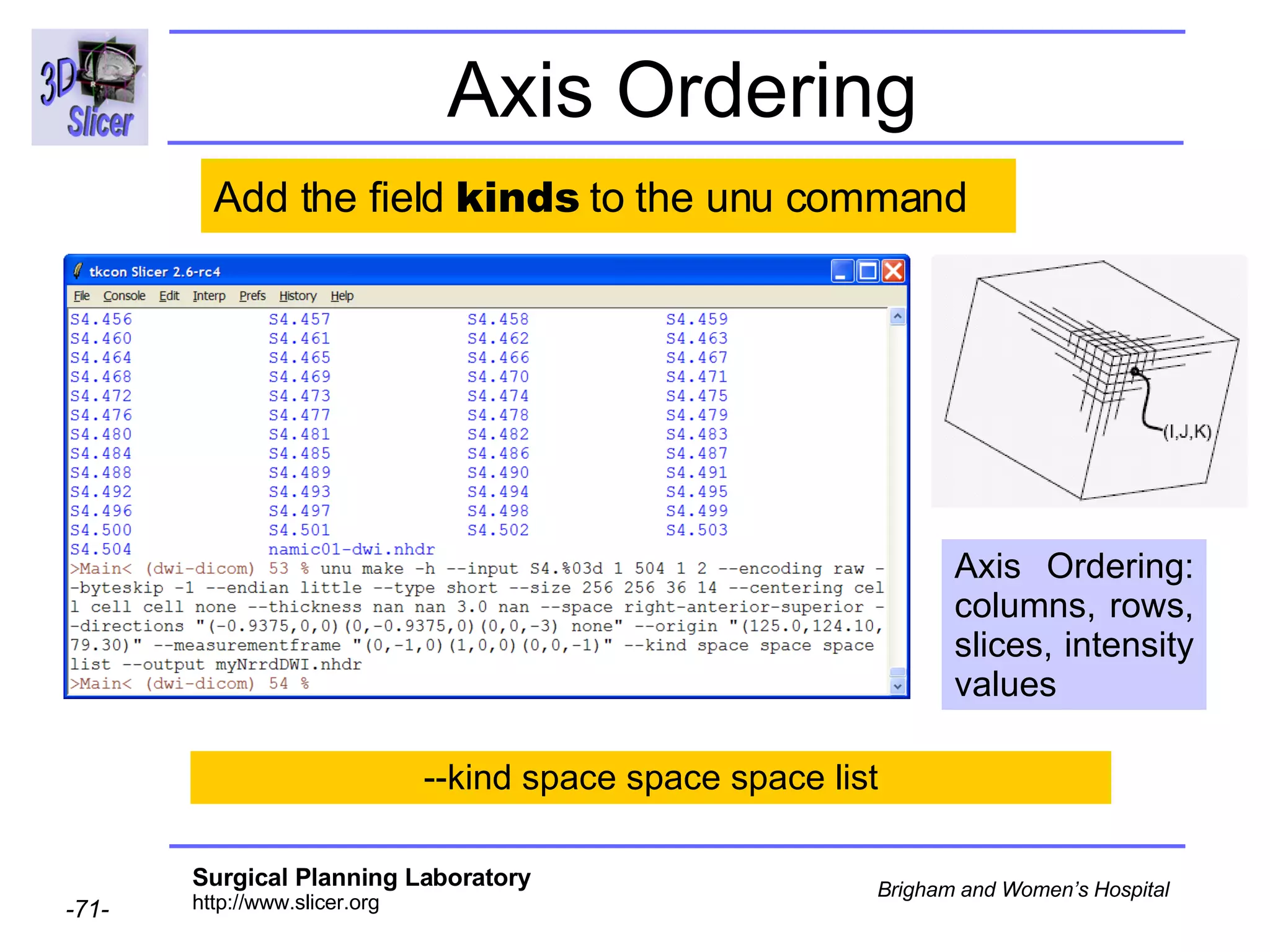 Axis Ordering --kind space space space list Add the field  kinds  to the unu command Axis Ordering: columns, rows, slices, intensity values 