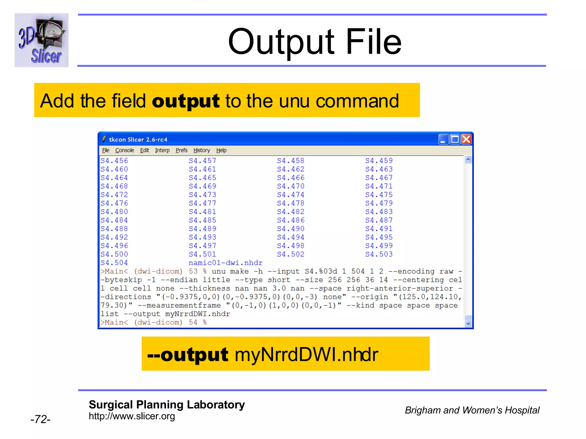 Output File Add the field  output  to the unu command --output  myNrrdDWI.nhdr 