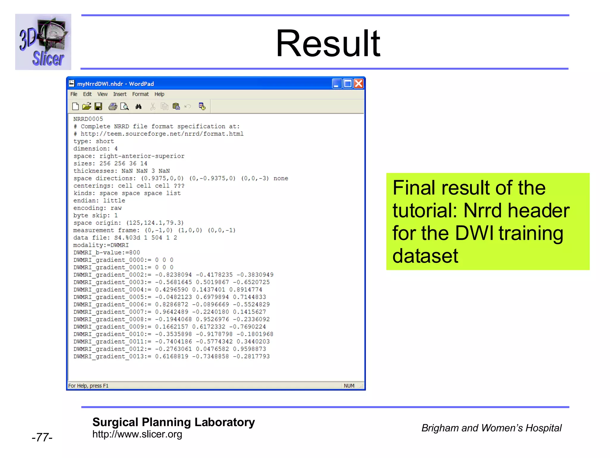 Result Final result of the tutorial: Nrrd header for the DWI training dataset 