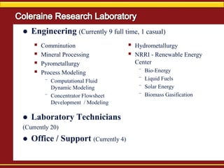  Engineering (Currently 9 full time, 1 casual)
 Comminution
 Mineral Processing
 Pyrometallurgy
 Process Modeling
¯ Computational Fluid
Dynamic Modeling
¯ Concentrator Flowsheet
Development / Modeling
 Hydrometallurgy
 NRRI - Renewable Energy
Center
¯ Bio-Energy
¯ Liquid Fuels
¯ Solar Energy
¯ Biomass Gasification
 Laboratory Technicians
(Currently 20)
 Office / Support (Currently 4)
 