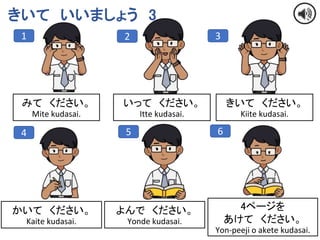 12
きいて いいましょう 3
1 2 3
4 5
みて ください。
Mite kudasai.
よんで ください。
Yonde kudasai.
きいて ください。
Kiite kudasai.
かいて ください。
Kaite kudasai.
4ページを
あけて ください。
Yon-peeji o akete kudasai.
6
いって ください。
Itte kudasai.
 
