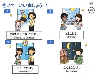 4
きいて いいましょう 1
1 2
3 4
おはようございます。
Ohayou gozaimasu.
おはよう。
Ohayou.
こんにちは。
Konnichiwa.
こんばんは。
Konbanwa.
 