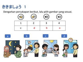 Dengarkan percakapan berikut, lalu pilih gambar yang sesuai.
ききましょう 1
a d
c
b
1 2 3 4
c d b a
 