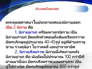 ประเทศบังคลา๶ทศ
พระพุทธศาสนาในบังกลาเทศแบ่งนิกายออก
เป็ น 2 นิกาย คือ
1. นิกายมาเถ หรือมหาเถรนิกาย เป็ น
นิกายเก่าแก่ ยึดหลักคาสอนดั้งเดิมหรือเถรวาท
มีพระภิกษุอยู่ประมาณ 40-45รูป อยู่ที่ตาบลราอุ
ชาน รางคุนิยา โบวาลคลี และปาจาลาอิศ
2. นิกายสังฆราช นิกายนี้เกิดภายหลัง
นิกายมาเถ คือ นับย้อนไปประมาณ 100 กว่าปี ที่
ผ่านมานี้เอง มีพระสังฆราชเมธมหาเถระ เป็ น
ผู้ให้กาเนิด มีพระภิกษุประมาณ 800 กว่ารูป
 