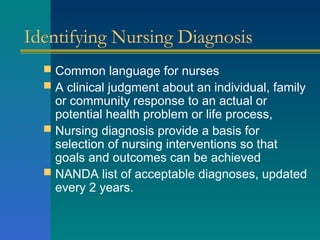 Identifying Nursing Diagnosis
 Common language for nurses
 A clinical judgment about an individual, family
or community response to an actual or
potential health problem or life process,
 Nursing diagnosis provide a basis for
selection of nursing interventions so that
goals and outcomes can be achieved
 NANDA list of acceptable diagnoses, updated
every 2 years.
 