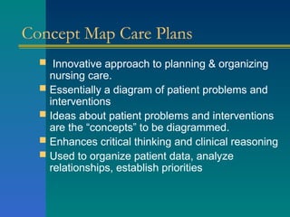 Concept Map Care Plans
 Innovative approach to planning & organizing
nursing care.
 Essentially a diagram of patient problems and
interventions
 Ideas about patient problems and interventions
are the “concepts” to be diagrammed.
 Enhances critical thinking and clinical reasoning
 Used to organize patient data, analyze
relationships, establish priorities
 