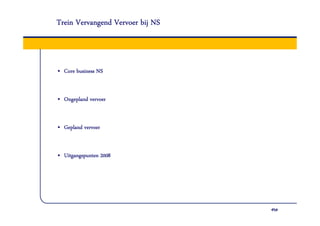 Trein Vervangend Vervoer bij NS



• Core business NS


• Ongepland vervoer


• Gepland vervoer


• Uitgangspunten 2008
 