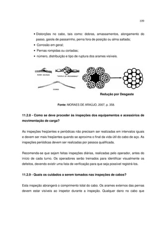 109



        • Distorções no cabo, tais como: dobras, amassamentos, alongamento do
          passo, gaiola de passarinho, perna fora de posição ou alma saltada;
        • Corrosão em geral;
        • Pernas rompidas ou cortadas;
        • número, distribuição e tipo de ruptura dos arames visíveis.




                                                          Redução por Desgaste


                          Fonte: MORAES DE ARAÚJO, 2007, p. 358.


11.2.8 - Como se deve proceder às inspeções dos equipamentos e acessórios de
movimentação de carga?


As inspeções freqüentes e periódicas não precisam ser realizadas em intervalos iguais
e devem ser mais freqüentes quando se aproxima o final da vida útil do cabo de aço. As
inspeções periódicas devem ser realizadas por pessoa qualificada.


Recomenda-se que sejam feitas inspeções diárias, realizadas pelo operador, antes do
início de cada turno. Os operadores serão treinados para identificar visualmente os
defeitos, devendo existir uma lista de verificação para que seja possível registrá-los.


11.2.9 - Quais os cuidados a serem tomados nas inspeções de cabos?


Esta inspeção abrangerá o comprimento total do cabo. Os arames externos das pernas
devem estar visíveis ao inspetor durante a inspeção. Qualquer dano no cabo que
 