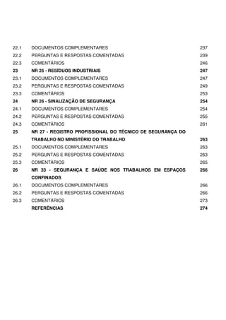 22.1   DOCUMENTOS COMPLEMENTARES                                  237
22.2   PERGUNTAS E RESPOSTAS COMENTADAS                           239
22.3   COMENTÁRIOS                                                246
23     NR 25 - RESÍDUOS INDUSTRIAIS                               247
23.1   DOCUMENTOS COMPLEMENTARES                                  247
23.2   PERGUNTAS E RESPOSTAS COMENTADAS                           249
23.3   COMENTÁRIOS                                                253
24     NR 26 - SINALIZAÇÃO DE SEGURANÇA                           254
24.1   DOCUMENTOS COMPLEMENTARES                                  254
24.2   PERGUNTAS E RESPOSTAS COMENTADAS                           255
24.3   COMENTÁRIOS                                                261
25     NR 27 - REGISTRO PROFISSIONAL DO TÉCNICO DE SEGURANÇA DO
       TRABALHO NO MINISTÉRIO DO TRABALHO                         263
25.1   DOCUMENTOS COMPLEMENTARES                                  263
25.2   PERGUNTAS E RESPOSTAS COMENTADAS                           263
25.3   COMENTÁRIOS                                                265
26     NR 33 - SEGURANÇA E SAÚDE NOS TRABALHOS EM ESPAÇOS         266
       CONFINADOS
26.1   DOCUMENTOS COMPLEMENTARES                                  266
26.2   PERGUNTAS E RESPOSTAS COMENTADAS                           266
26.3   COMENTÁRIOS                                                273
       REFERÊNCIAS                                                274
 