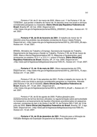 303



______. Portaria nº 04, de 21 de março de 2002. Altera o art. 1º da Portaria nº 20, de
13/09/2001, que proíbe o trabalho do menor de 18 (dezoito) anos nos locais e serviços
considerados perigosos ou insalubres. Diário Oficial [da] República Federativa do
Brasil, Brasília DF, 22 mar. 2002. Disponível em:
<http://www.mte.gov.br/legislacao/portarias/2002/p_20020321_04.asp>. Acesso em: 10
set. 2007.


______. Portaria nº 06, de 05 de fevereiro de 2001. O trabalho do menor de 18
(dezoito) anos fica proibido nas atividades constantes do Anexo I desta Portaria.
Disponível em: <http://www.mte.gov.br/legislacao/portarias/2001/p_20010205_06.asp>.
Acesso em: 10 set. 2007.


BRASIL. Ministério do Trabalho e Emprego. Secretaria de Inspeção do Trabalho.
Departamento de Segurança e Saúde no Trabalho. Portaria nº 09, de 30 de março de
2000. Altera a Norma Regulamentadora NR 12, Máquinas e Equipamentos, para
acrescentar os subitens 12.3.11 e 12.3.11.1 anexo à Portaria. Diário Oficial [da]
República Federativa do Brasil, Brasília, DF, 31 mar. 2000. Disponível em:
<http://www.ipef.br/legislacao/bdlegislacao/arquivos/7245.rtf>. Acesso em: 13 set. 2007.


______. Portaria nº 15, de 10 de maio de 2001. Altera representantes do CPN.
Disponível em: <http://www.mte.gov.br/legislacao/portarias/2001/p_20010510_15.asp>.
Acesso em: 17 set. 2007.


______. Portaria nº 20, de 13 de setembro de 2001. Proíbe o trabalho do menor de 18
(dezoito) anos nos locais e serviços considerados perigosos ou insalubres. Alterada
pela Portaria nº 04, de 21/03/2002. Diário Oficial [da] República Federativa do
Brasil, Brasília, DF, 14 set. 2001. Disponível em:
<http://www.mte.gov.br/legislacao/portarias/2001/p_20010913_20.pdf >. Acesso em: 17
set. 2007.


______. Portaria nº 26, de 02 de agosto de 2000. Publica glossário para
esclarecimentos de termos técnicos utilizados na regulamentação sobre periculosidade
no transporte e armazenamento de líquidos inflamáveis acondicionados em pequenos
volumes, constantes do item 4 do Anexo 2 da NR 16, da Portaria GM nº 545, de 10 de
julho de 2000. Diário Oficial [da] República Federativa do Brasil, Brasília, DF, 3 ago.
2000. Disponível em: <http://www.ipef.br/legislacao/bdlegislacao/arquivos/7069.rtf>.
Acesso em: 10 set. 2007.


______. Portaria nº 34, de 20 de dezembro de 2001. Protocolo para a Utilização de
Indicador Biológico da Exposição Ocupacional ao Benzeno. Disponível em:
 