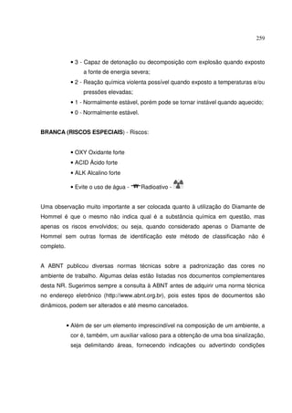 259



             • 3 - Capaz de detonação ou decomposição com explosão quando exposto
                  a fonte de energia severa;
             • 2 - Reação química violenta possível quando exposto a temperaturas e/ou
                  pressões elevadas;
             • 1 - Normalmente estável, porém pode se tornar instável quando aquecido;
             • 0 - Normalmente estável.


BRANCA (RISCOS ESPECIAIS) - Riscos:


             • OXY Oxidante forte
             • ACID Ácido forte
             • ALK Alcalino forte

             • Evite o uso de água -      Radioativo -


Uma observação muito importante a ser colocada quanto à utilização do Diamante de
Hommel é que o mesmo não indica qual é a substância química em questão, mas
apenas os riscos envolvidos; ou seja, quando considerado apenas o Diamante de
Hommel sem outras formas de identificação este método de classificação não é
completo.


A ABNT publicou diversas normas técnicas sobre a padronização das cores no
ambiente de trabalho. Algumas delas estão listadas nos documentos complementares
desta NR. Sugerimos sempre a consulta à ABNT antes de adquirir uma norma técnica
no endereço eletrônico (http://www.abnt.org.br), pois estes tipos de documentos são
dinâmicos, podem ser alterados e até mesmo cancelados.


            • Além de ser um elemento imprescindível na composição de um ambiente, a
             cor é, também, um auxiliar valioso para a obtenção de uma boa sinalização,
             seja delimitando áreas, fornecendo indicações ou advertindo condições
 