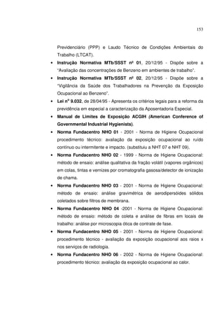 153
Previdenciário (PPP) e Laudo Técnico de Condições Ambientais do
Trabalho (LTCAT).
• Instrução Normativa MTb/SSST nº 01, 20/12/95 - Dispõe sobre a
“Avaliação das concentrações de Benzeno em ambientes de trabalho”.
• Instrução Normativa MTb/SSST nº 02, 20/12/95 - Dispõe sobre a
“Vigilância da Saúde dos Trabalhadores na Prevenção da Exposição
Ocupacional ao Benzeno”.
• Lei no
9.032, de 28/04/95 - Apresenta os critérios legais para a reforma da
previdência em especial a caracterização da Aposentadoria Especial.
• Manual de Limites de Exposição ACGIH (American Conference of
Governmental Industrial Hygienists).
• Norma Fundacentro NHO 01 - 2001 - Norma de Higiene Ocupacional
procedimento técnico: avaliação da exposição ocupacional ao ruído
contínuo ou intermitente e impacto. (substituiu a NHT 07 e NHT 09).
• Norma Fundacentro NHO 02 - 1999 - Norma de Higiene Ocupacional:
método de ensaio: análise qualitativa da fração volátil (vapores orgânicos)
em colas, tintas e vernizes por cromatografia gasosa/detector de ionização
de chama.
• Norma Fundacentro NHO 03 - 2001 - Norma de Higiene Ocupacional:
método de ensaio: análise gravimétrica de aerodipersóides sólidos
coletados sobre filtros de membrana.
• Norma Fundacentro NHO 04 -2001 - Norma de Higiene Ocupacional:
método de ensaio: método de coleta e análise de fibras em locais de
trabalho: análise por microscopia ótica de contrate de fase.
• Norma Fundacentro NHO 05 - 2001 - Norma de Higiene Ocupacional:
procedimento técnico - avaliação da exposição ocupacional aos raios x
nos serviços de radiologia.
• Norma Fundacentro NHO 06 - 2002 - Norma de Higiene Ocupacional:
procedimento técnico: avaliação da exposição ocupacional ao calor.
 
