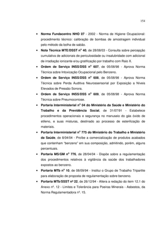 154
• Norma Fundacentro NHO 07 - 2002 - Norma de Higiene Ocupacional:
procedimento técnico: calibração de bombas de amostragem individual
pelo método da bolha de sabão.
• Nota Técnica MTE/DSST no
40, de 28/08/03 - Consulta sobre percepção
cumulativa de adicionais de periculosidade ou insalubridade com adicional
de irradiação ionizante e/ou gratificação por trabalho com Raio X.
• Ordem de Serviço INSS/DSS no
607, de 05/08/98 - Aprova Norma
Técnica sobre Intoxicação Ocupacional pelo Benzeno.
• Ordem de Serviço INSS/DSS no
608, de 05/08/98 - Aprova Norma
Técnica sobre Perda Auditiva Neurossensorial por Exposição a Níveis
Elevados de Pressão Sonora.
• Ordem de Serviço INSS/DSS no
609, de 05/08/98 - Aprova Norma
Técnica sobre Pneumoconiose.
• Portaria Interministerial no
04 do Ministério da Saúde e Ministério do
Trabalho e da Previdência Social, de 31/07/91 - Estabelece
procedimentos operacionais e segurança no manuseio do gás óxido de
etileno, e suas misturas, destinado ao processo de esterilização de
materiais.
• Portaria Interministerial no
775 do Ministério do Trabalho e Ministério
da Saúde, de 8/04/04 - Proíbe a comercialização de produtos acabados
que contenham “benzeno” em sua composição, admitindo, porém, alguns
percentuais.
• Portaria MS/GM no
776, de 28/04/04 - Dispõe sobre a regulamentação
dos procedimentos relativos à vigilância da saúde dos trabalhadores
expostos ao benzeno.
• Portaria MTb no
10, de 08/09/94 - Institui o Grupo de Trabalho Tripartite
para elaboração de proposta de regulamentação sobre benzeno.
• Portaria MTb/SSST nº22, de 26/12/94 - Altera a redação do item 12.1 do
Anexo nº. 12 - Limites e Tolerância para Poeiras Minerais - Asbestos, da
Norma Regulamentadora nº. 15.
 