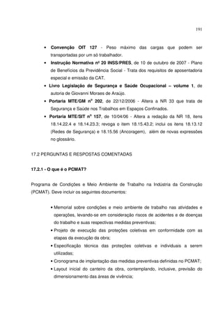 191
• Convenção OIT 127 - Peso máximo das cargas que podem ser
transportadas por um só trabalhador.
• Instrução Normativa nº 20 INSS/PRES, de 10 de outubro de 2007 - Plano
de Benefícios da Previdência Social - Trata dos requisitos de aposentadoria
especial e emissão da CAT.
• Livro Legislação de Segurança e Saúde Ocupacional – volume 1, de
autoria de Giovanni Moraes de Araújo.
• Portaria MTE/GM no
202, de 22/12/2006 - Altera a NR 33 que trata de
Segurança e Saúde nos Trabalhos em Espaços Confinados.
• Portaria MTE/SIT no
157, de 10/04/06 - Altera a redação da NR 18, itens
18.14.22.4 e 18.14.23.3; revoga o item 18.15.43.2; inclui os itens 18.13.12
(Redes de Segurança) e 18.15.56 (Ancoragem), além de novas expressões
no glossário.
17.2 PERGUNTAS E RESPOSTAS COMENTADAS
17.2.1 - O que é o PCMAT?
Programa de Condições e Meio Ambiente de Trabalho na Indústria da Construção
(PCMAT). Deve incluir os seguintes documentos:
• Memorial sobre condições e meio ambiente de trabalho nas atividades e
operações, levando-se em consideração riscos de acidentes e de doenças
do trabalho e suas respectivas medidas preventivas;
• Projeto de execução das proteções coletivas em conformidade com as
etapas da execução da obra;
• Especificação técnica das proteções coletivas e individuais a serem
utilizadas;
• Cronograma de implantação das medidas preventivas definidas no PCMAT;
• Layout inicial do canteiro da obra, contemplando, inclusive, previsão do
dimensionamento das áreas de vivência;
 