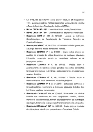248
• Lei no
10.165, de 27/12/00 - Altera a Lei no
6.938, de 31 de agosto de
1981, que dispõe sobre a Política Nacional do Meio Ambiente e institui
a Taxa de Controle e Fiscalização Ambiental (TCFA).
• Norma CNEN - NE - 6.02 - Licenciamento de instalações radiativas.
• Norma CNEN - NN - 3.01 - Diretrizes básicas de proteção radiológica.
• Resolução ANTT no
420, de 12/02/04 - Aprova as Instruções
Complementares ao Regulamento do Transporte Terrestre de
Produtos Perigosos.
• Resolução CNRH no
16, de 8/05/01 - Estabelece critérios gerais para
a outorga de direito de uso de recursos hídricos.
• Resolução CONAMA no
1, de 8/03/90 - Dispõe sobre critérios de
padrões de emissão de ruídos decorrentes de quaisquer atividades
industriais, comerciais, sociais ou recreativas, inclusive as de
propaganda política.
• Resolução CONAMA no
5, de 5/08/93 - Dispõe sobre o
gerenciamento de resíduos sólidos gerados nos portos, aeroportos,
terminais ferroviários e rodoviários e estabelecimentos prestadores de
serviços de saúde.
• Resolução CONAMA no
6, de 15/06/88 - Dispõe sobre o
licenciamento de obras de resíduos industriais perigosos.
• Resolução CONAMA no
9, de 31/08/93 - Estabelece definições e
torna obrigatório o recolhimento e destinação adequada de todo o óleo
lubrificante usado ou contaminado.
• Resolução CONAMA no
257, de 30/06/99 - Estabelece que pilhas e
baterias que contenham em suas composições chumbo, cádmio,
mercúrio e seus compostos, tenham os procedimentos de reutilização,
reciclagem, tratamento ou disposição final ambientalmente adequados.
• Resolução CONAMA no
267, de 14/09/00 - Dispõe sobre a proibição
da utilização de substâncias que destroem a Camada de Ozônio.
 