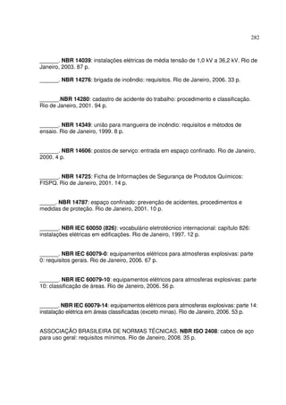 282
______. NBR 14039: instalações elétricas de média tensão de 1,0 kV a 36,2 kV. Rio de
Janeiro, 2003. 87 p.
______. NBR 14276: brigada de incêndio: requisitos. Rio de Janeiro, 2006. 33 p.
______.NBR 14280: cadastro de acidente do trabalho: procedimento e classificação.
Rio de Janeiro, 2001. 94 p.
______. NBR 14349: união para mangueira de incêndio: requisitos e métodos de
ensaio. Rio de Janeiro, 1999. 8 p.
______. NBR 14606: postos de serviço: entrada em espaço confinado. Rio de Janeiro,
2000. 4 p.
______. NBR 14725: Ficha de Informações de Segurança de Produtos Químicos:
FISPQ. Rio de Janeiro, 2001. 14 p.
_____. NBR 14787: espaço confinado: prevenção de acidentes, procedimentos e
medidas de proteção. Rio de Janeiro, 2001. 10 p.
______. NBR IEC 60050 (826): vocabulário eletrotécnico internacional: capítulo 826:
instalações elétricas em edificações. Rio de Janeiro, 1997. 12 p.
______. NBR IEC 60079-0: equipamentos elétricos para atmosferas explosivas: parte
0: requisitos gerais. Rio de Janeiro, 2006. 67 p.
______. NBR IEC 60079-10: equipamentos elétricos para atmosferas explosivas: parte
10: classificação de áreas. Rio de Janeiro, 2006. 56 p.
______. NBR IEC 60079-14: equipamentos elétricos para atmosferas explosivas: parte 14:
instalação elétrica em áreas classificadas (exceto minas). Rio de Janeiro, 2006. 53 p.
ASSOCIAÇÃO BRASILEIRA DE NORMAS TÉCNICAS. NBR ISO 2408: cabos de aço
para uso geral: requisitos mínimos. Rio de Janeiro, 2008. 35 p.
 