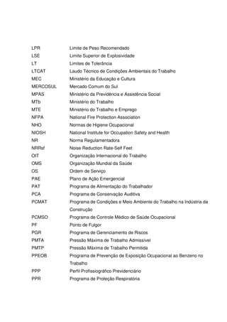 LPR Limite de Peso Recomendado
LSE Limite Superior de Explosividade
LT Limites de Tolerância
LTCAT Laudo Técnico de Condições Ambientais do Trabalho
MEC Ministério da Educação e Cultura
MERCOSUL Mercado Comum do Sul
MPAS Ministério da Previdência e Assistência Social
MTb Ministério do Trabalho
MTE Ministério do Trabalho e Emprego
NFPA National Fire Protection Association
NHO Normas de Higiene Ocupacional
NIOSH National Institute for Occupation Safety and Health
NR Norma Regulamentadora
NRRsf Noise Reduction Rate-Self Feet
OIT Organização Internacional do Trabalho
OMS Organização Mundial da Saúde
OS Ordem de Serviço
PAE Plano de Ação Emergencial
PAT Programa de Alimentação do Trabalhador
PCA Programa de Conservação Auditiva
PCMAT Programa de Condições e Meio Ambiente do Trabalho na Indústria da
Construção
PCMSO Programa de Controle Médico de Saúde Ocupacional
PF Ponto de Fulgor
PGR Programa de Gerenciamento de Riscos
PMTA Pressão Máxima de Trabalho Admissível
PMTP Pressão Máxima de Trabalho Permitida
PPEOB Programa de Prevenção de Exposição Ocupacional ao Benzeno no
Trabalho
PPP Perfil Profissiográfico Previdenciário
PPR Programa de Proteção Respiratória
 