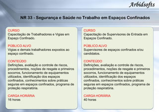 CURSO
Capacitação de Trabalhadores e Vigias em
Espaço Confinado.
PÚBLICO ALVO
Vigias e demais trabalhadores expostos ao
espaço confinado.
CONTEÚDO
Definições, avaliação e controle de riscos,
procedimentos, noções de resgate e primeiros
socorros, funcionamento de equipamentos
utilizados, identificação dos espaços
confinados, conhecimentos sobre práticas
seguras em espaços confinados, programa de
proteção respiratória.
CARGA HORÁRIA
16 horas
CURSO
Capacitação de Supervisores de Entrada em
Espaços Confinado.
PÚBLICO ALVO
Supervisores de espaços confinados e/ou
candidatos.
CONTEÚDO
Definições, avaliação e controle de riscos,
procedimentos, noções de resgate e primeiros
socorros, funcionamento de equipamentos
utilizados, identificação dos espaços
confinados, conhecimentos sobre práticas
seguras em espaços confinados, programa de
proteção respiratória.
CARGA HORÁRIA
40 horas
 