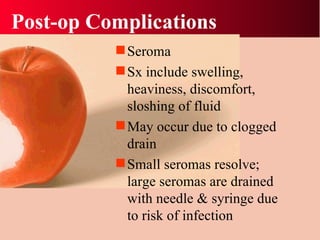 Post-op Complications Seroma Sx include swelling, heaviness, discomfort, sloshing of fluid May occur due to clogged drain Small seromas resolve; large seromas are drained with needle & syringe due to risk of infection 