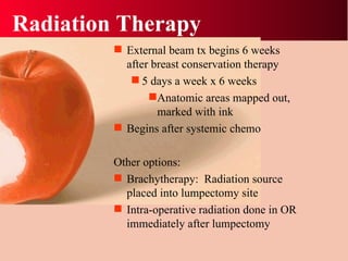Radiation Therapy External beam tx begins 6 weeks after breast conservation therapy 5 days a week x 6 weeks Anatomic areas mapped out, marked with ink Begins after systemic chemo Other options: Brachytherapy:  Radiation source placed into lumpectomy site Intra-operative radiation done in OR immediately after lumpectomy  