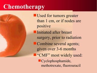 Chemotherapy  Used for tumors greater than 1 cm, or if nodes are positive Initiated after breast surgery, prior to radiation Combine several agents; given over 3-6 months “ CMF” most widely used: Cyclophosphamide, methotrexate, fluorouracil 