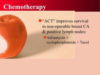Chemotherapy  “ ACT” improves survival in non-operable breast CA & positive lymph nodes: Adriamycin + cyclophosphamide + Taxol 