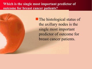 Which is the single most important predictor of outcome for breast cancer patients? The histological status of the axillary nodes is the single most important predictor of outcome for breast cancer patients. 